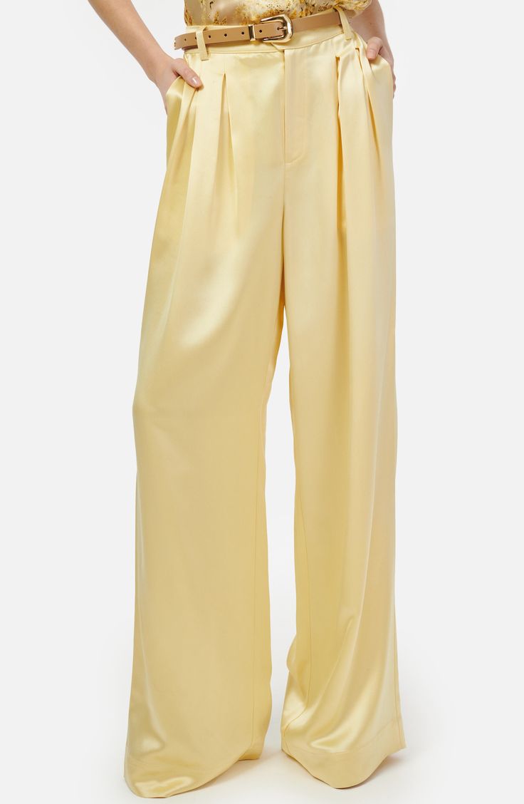 Enrich your ensembles with these luxuriously soft and silky wide-leg pants with flowy pleats. Zip fly with button-tab closure Back elastic waist Front slant pockets 73% acetate, 27% polyester Dry clean Imported Chic Silk Wide Leg Pants For Summer, Silk Wide Leg Pants For Formal Occasions, Formal Silk Wide Leg Pants, Chic Full-length Silk Wide Leg Pants, Chic Silk Wide Leg Full Length Pants, Chic Silk Wide Leg Pants Full Length, Chic Silk Wide-leg Bottoms, Chic Silk Wide Leg Pants For Spring, Chic Full Length Silk Wide Leg Pants