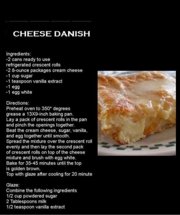 the recipe for cheese danish is shown on a black and white plate with information about it