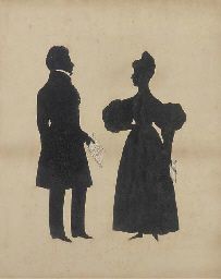 two silhouettes of people standing next to each other in front of a white background