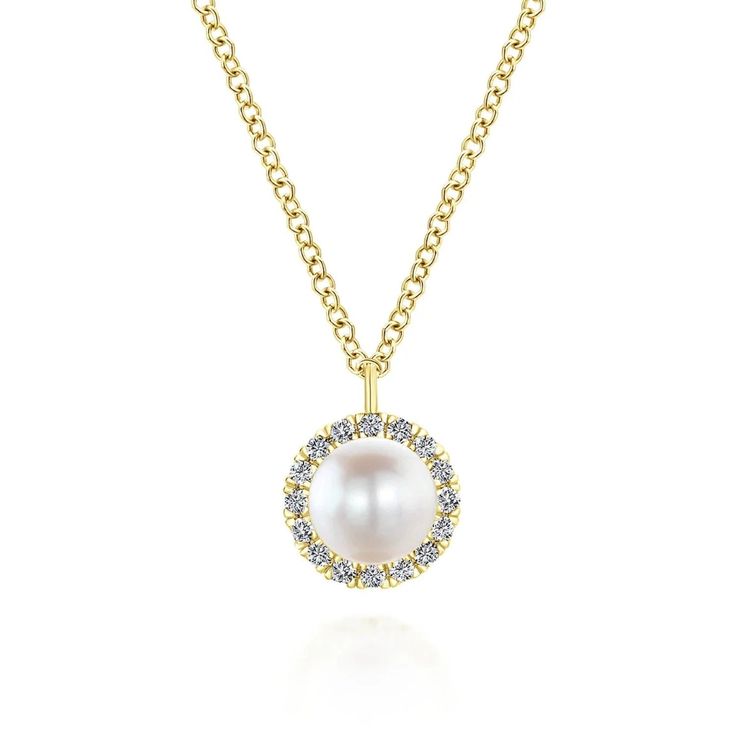 The necklace features a freshwater cultured pearl as the focal point, embodying timeless sophistication. Surrounding the 6.5mm pearl is a dainty halo of sparkling diamonds weighing 0.13 carats, adding a touch of luxury. Perfect for a June birthday, this necklace makes for an effortless and elegant gift. Available in 14