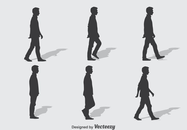 the silhouettes of people walking in different directions