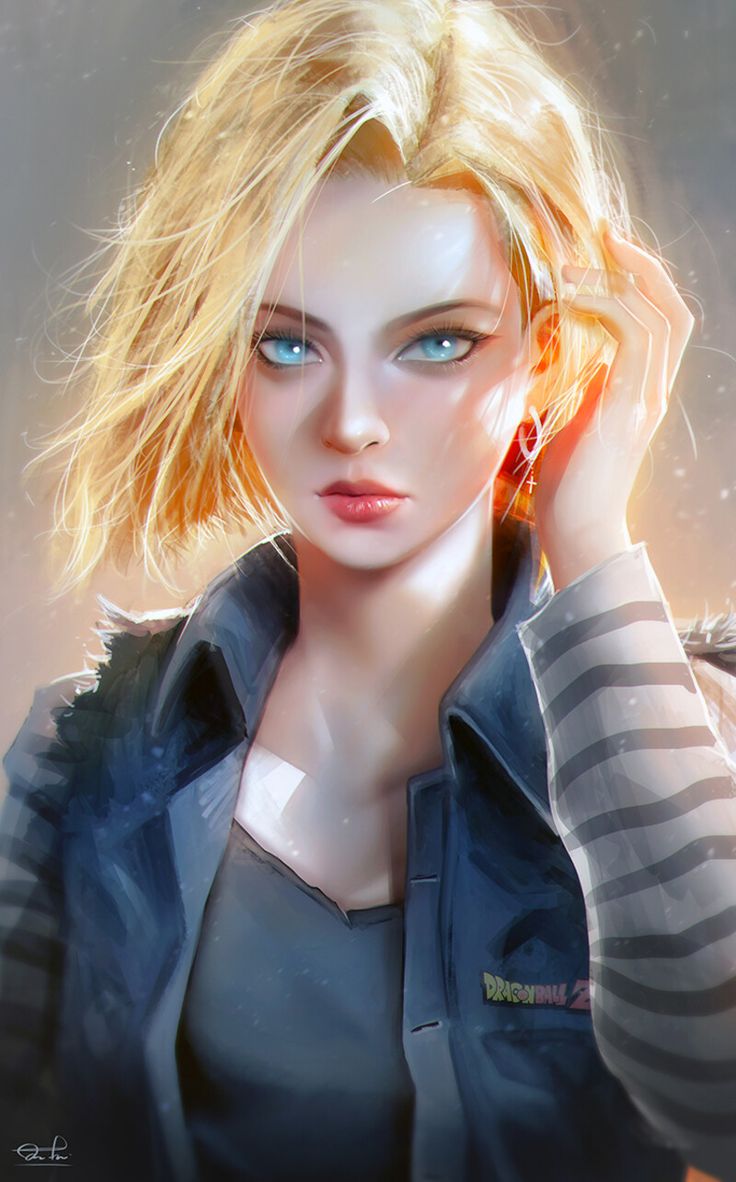 a painting of a woman with blonde hair and blue eyes, wearing a black jacket