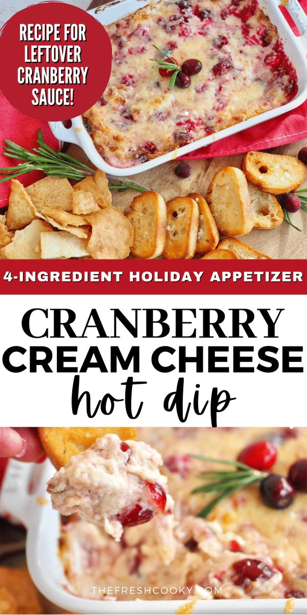 cranberry cream cheese hot dip recipe for holiday appetizers with text overlay