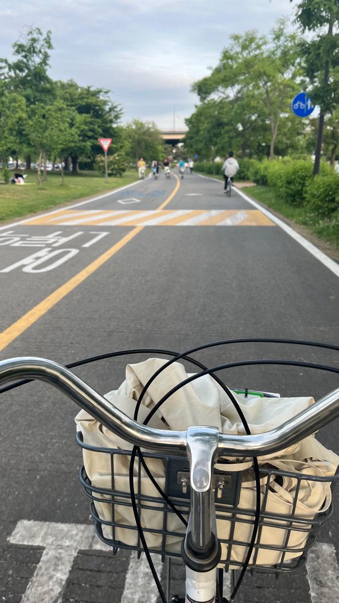 there is a basket on the handlebars of a bike that is going down the road