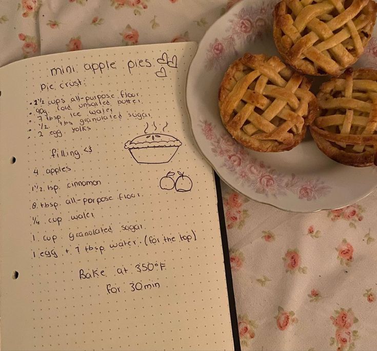 three pies on a plate next to an open recipe book with handwritten instructions