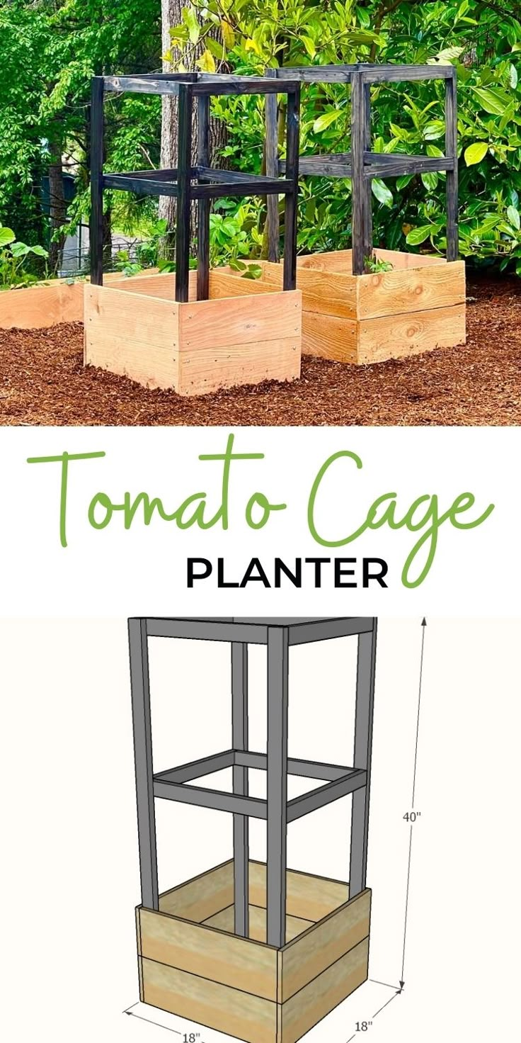 an outdoor planter made out of wood and metal with the words tomato cage on it