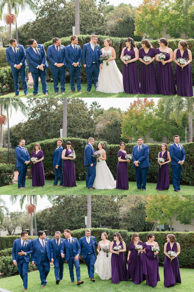 the wedding party is posing for pictures in their blue suits and purple dresses, while the bride