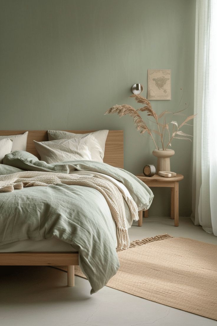 a bed sitting in a bedroom next to a window with white curtains and pillows on top of it