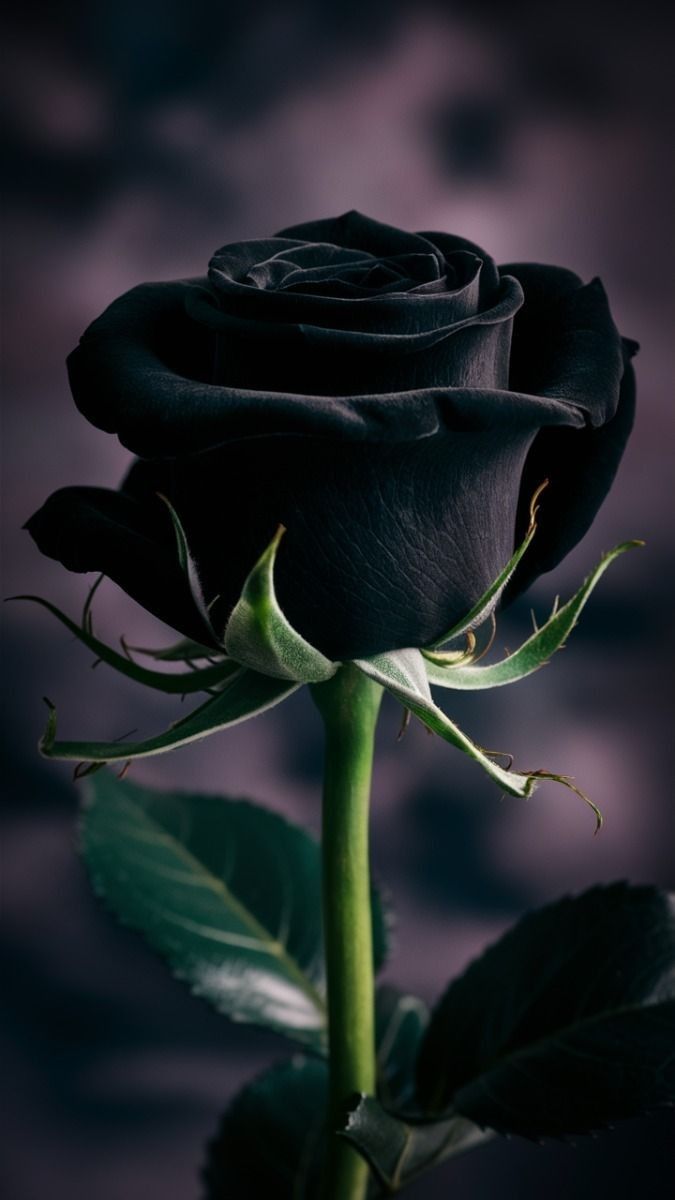 a single black rose with green leaves in the foreground, against a dark background