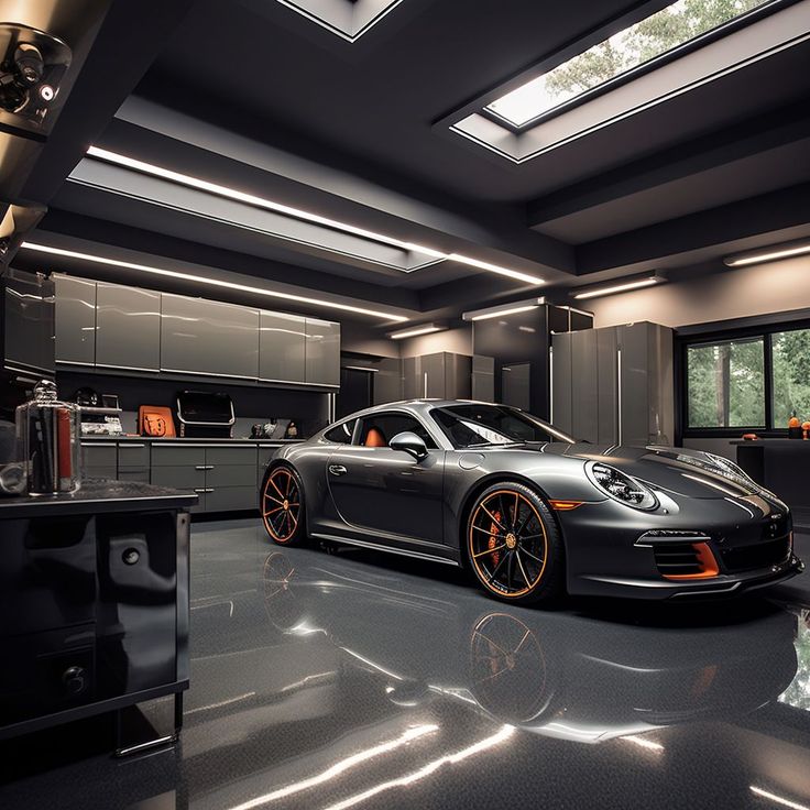 a black car parked in a garage with orange rims on the front and sides