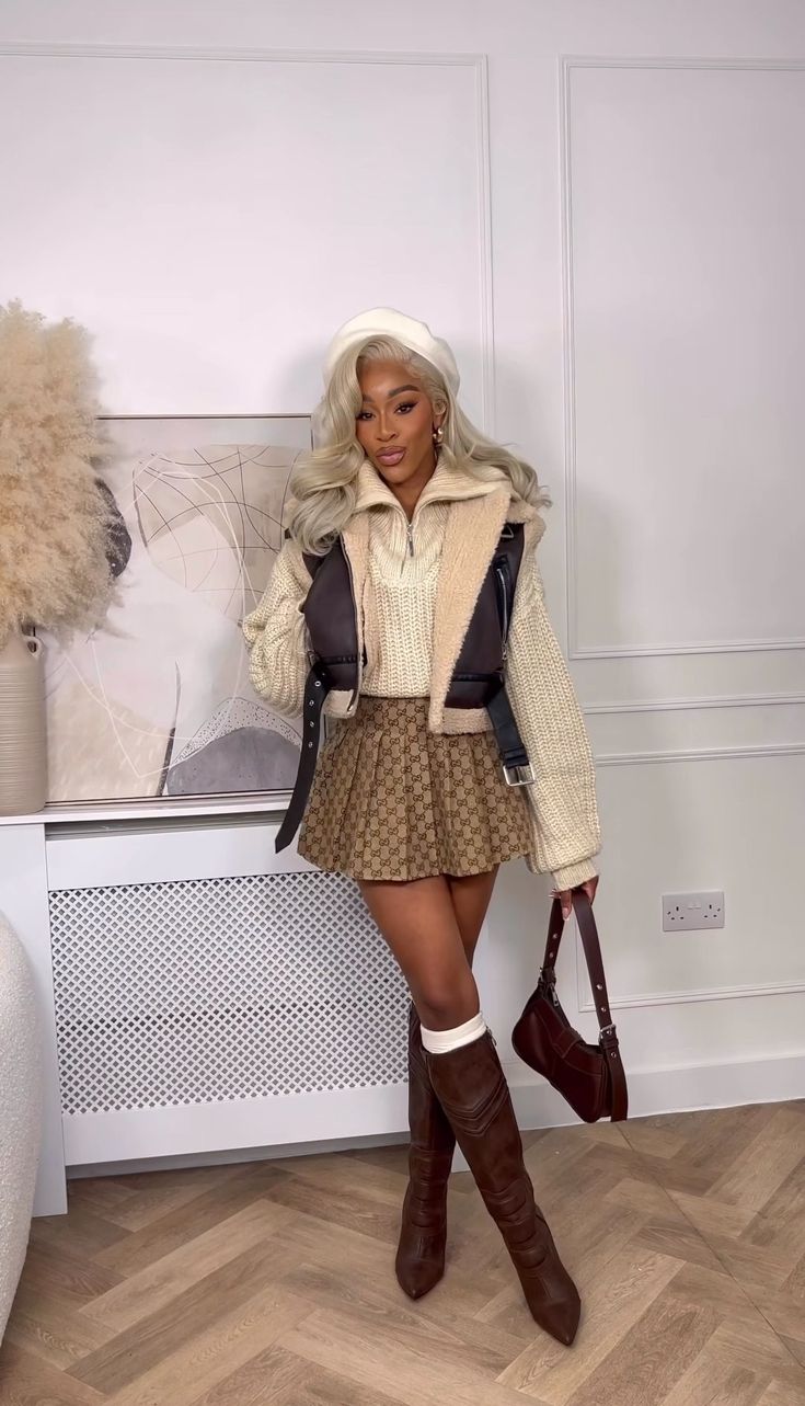 21st Birthday Outfits Black Women Fall, Brown And White Outfit Black Women, Brown Boots Party Outfit, Brown Bucket Hat Outfit Winter, Birthday Fit Winter, Preppy Winter Outfits Blackgirl, Black Woman Thanksgiving Outfit, Brown Overalls Outfits Fall, London Attire Winter