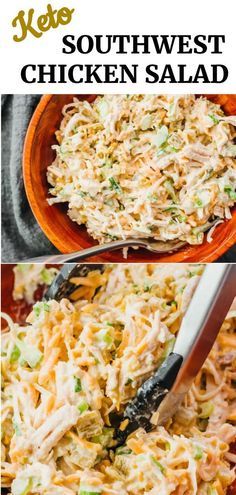 chicken salad in a bowl with a spatula on the side and another photo of it