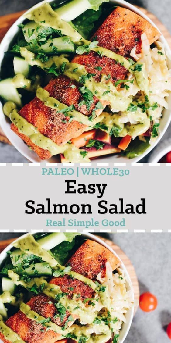 two bowls filled with salmon, pasta and broccoli salad on top of a table