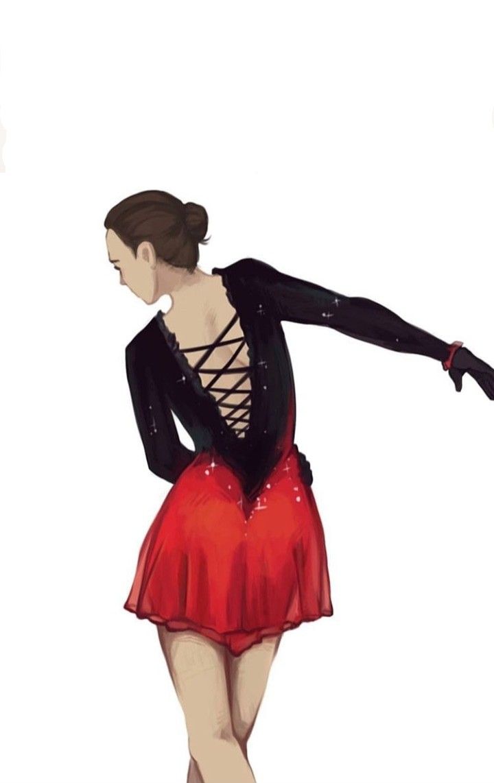 a drawing of a woman in a red skirt and black jacket with her arms outstretched