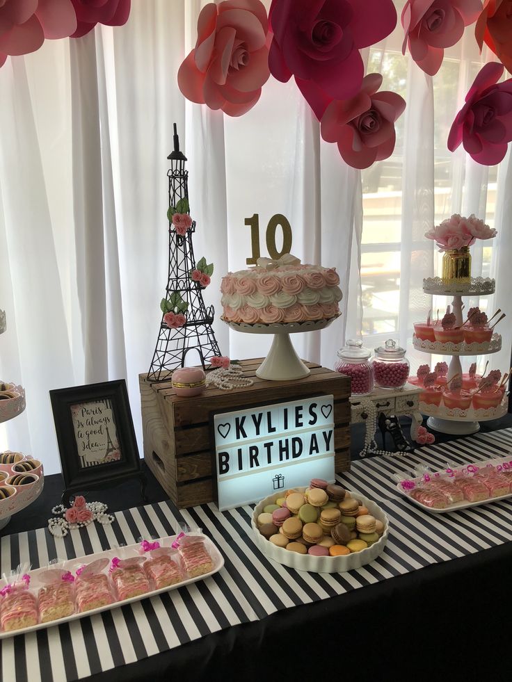 the dessert table is decorated with pink flowers