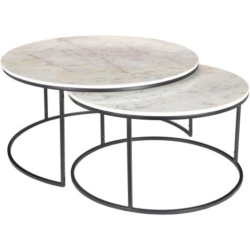 two white marble tables with black metal legs and round bases, one on top of the other