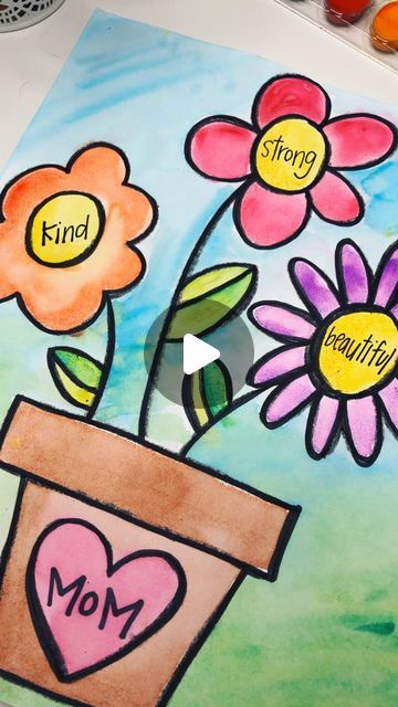 a drawing of flowers in a flower pot with the word mom written on it and an image of a mother's day card