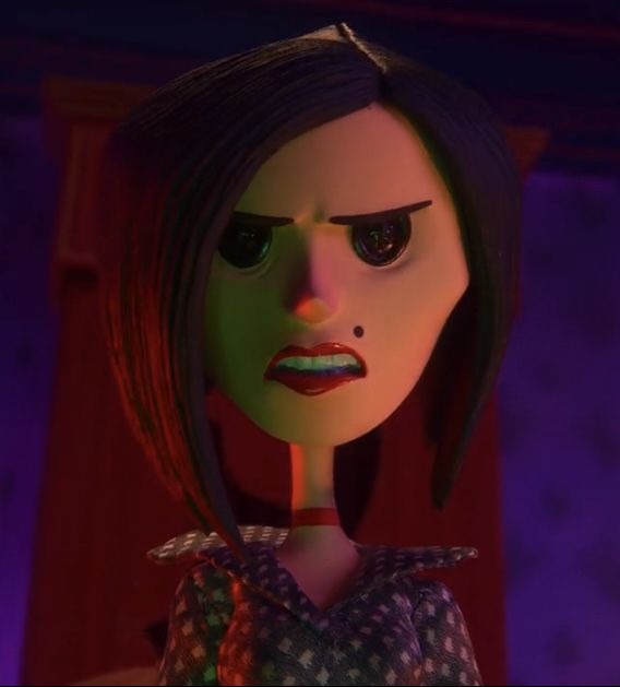 an animated character with dark hair and green eyes, wearing a purple dress in a room