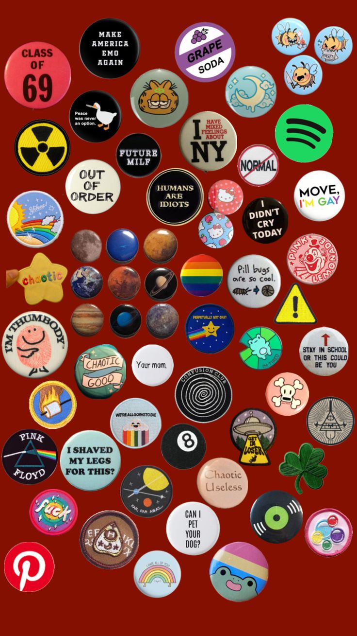 many different types of buttons on a red background