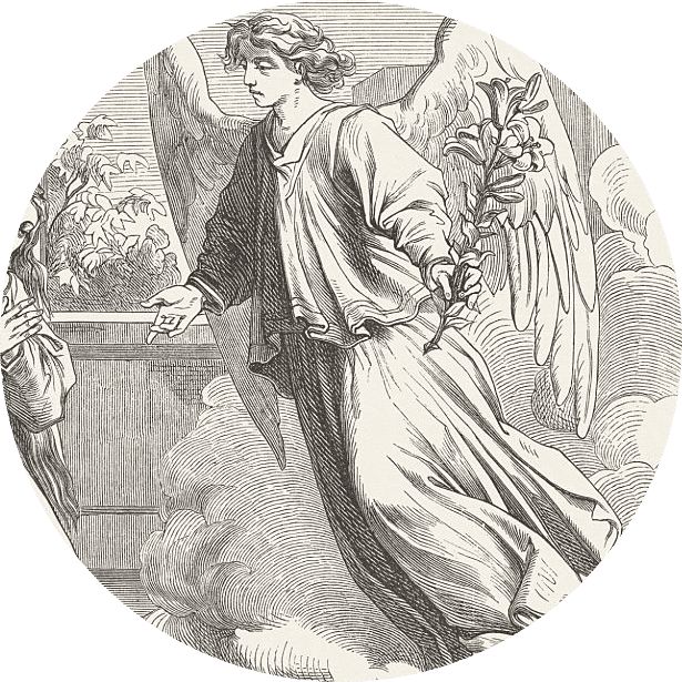 an angel standing next to a woman with flowers in her hand, vintage line drawing or engraving illustration