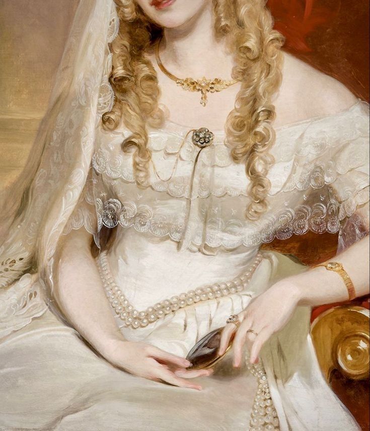 a painting of a woman wearing a white dress and holding a cell phone in her hand