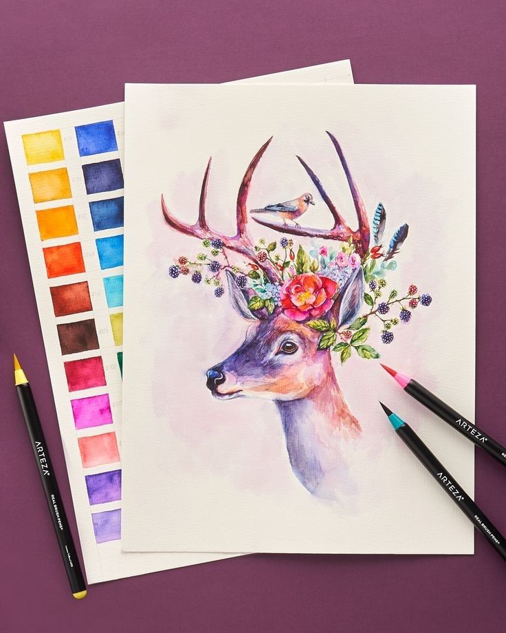 a watercolor painting of a deer with flowers on its antlers and birds perched on it