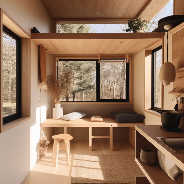 Japandi meets Tiny House Japandi Tiny House, House Design Small Spaces, Japanese Tiny House Design, Cottage Bunkie, Japanese Style Tiny House, Japanese Tiny House, Interior Minecraft, Japandi House, Japandi Interior Design