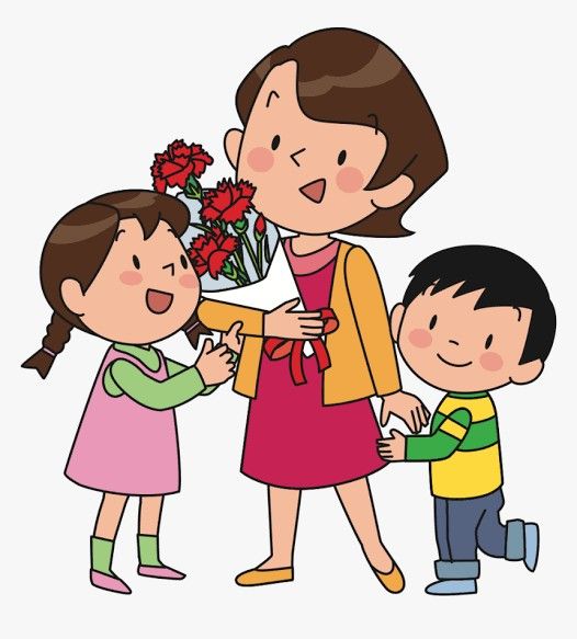 a woman and two children giving flowers to each other