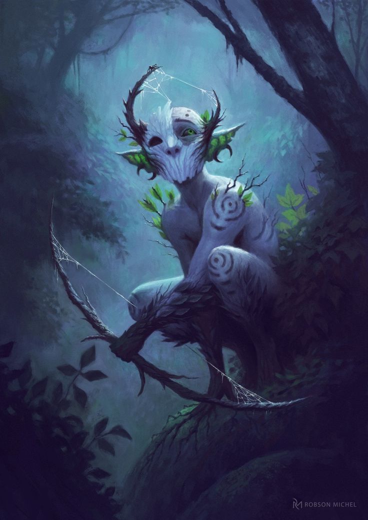 an artistic painting of a creature in the woods with leaves on its head and arms