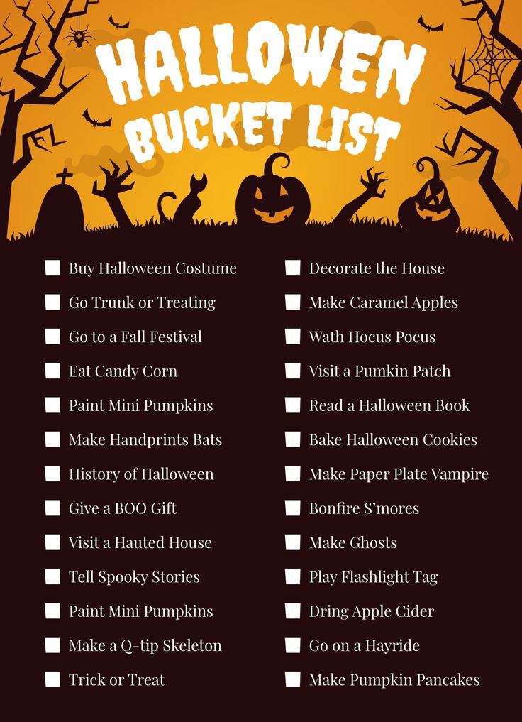 halloween bucket list with pumpkins and bats