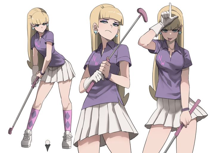 an anime character with blonde hair holding a golf club and wearing a purple shirt while standing next to another character