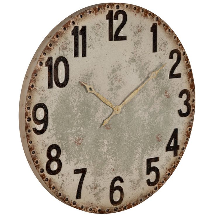 an old clock with numbers on the face is shown in this image, it appears to be rusted