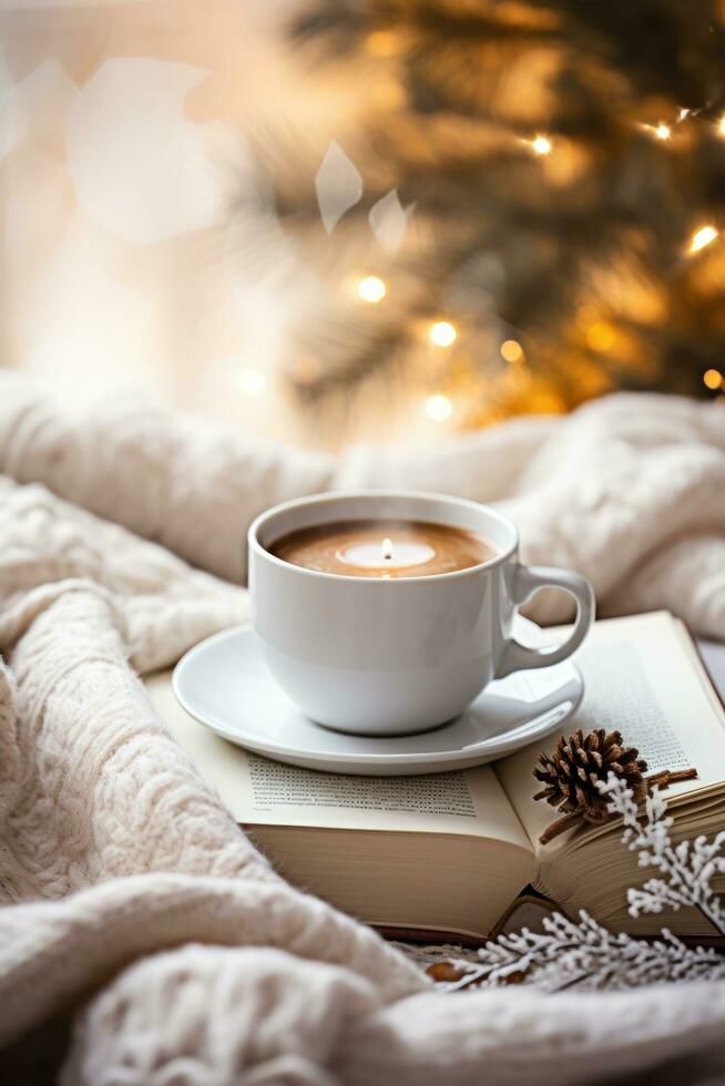 a cup of coffee sitting on top of an open book next to a christmas tree