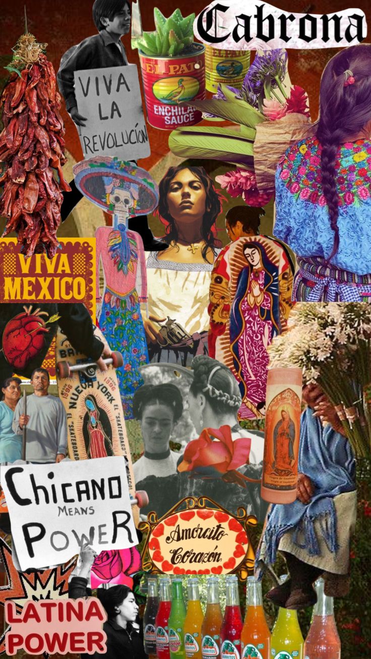 a collage of mexican women and men with their names on them, surrounded by various items