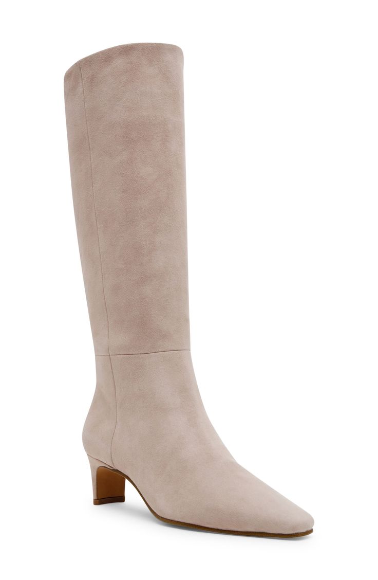 A slender square toe and blade heel balance a versatile boot shaped in a knee-high silhouette for timeless sophistication. 2" heel (size 8.5) 15" shaft; 16 1/4" calf circumference. Wide calf Pull-on style Leather upper/synthetic and textile lining/synthetic sole Imported Boots For Petite Women, Slim Calves, Beige Boots, Wide Calf, Tall Boots, Sweater Weather, Boot Shoes Women, Low Heels, Knee High Boots