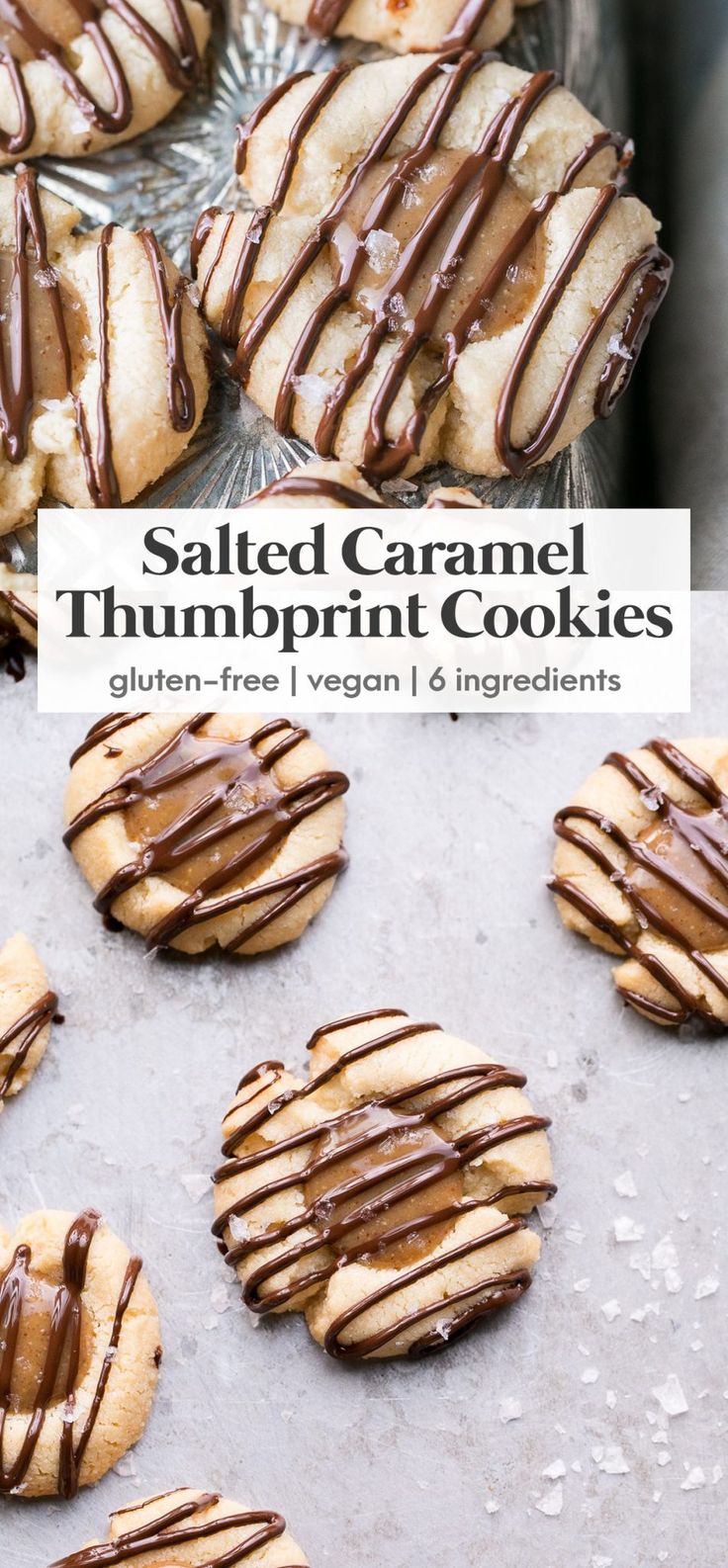 salted caramel thumbprint cookies with chocolate drizzled on top and in the middle