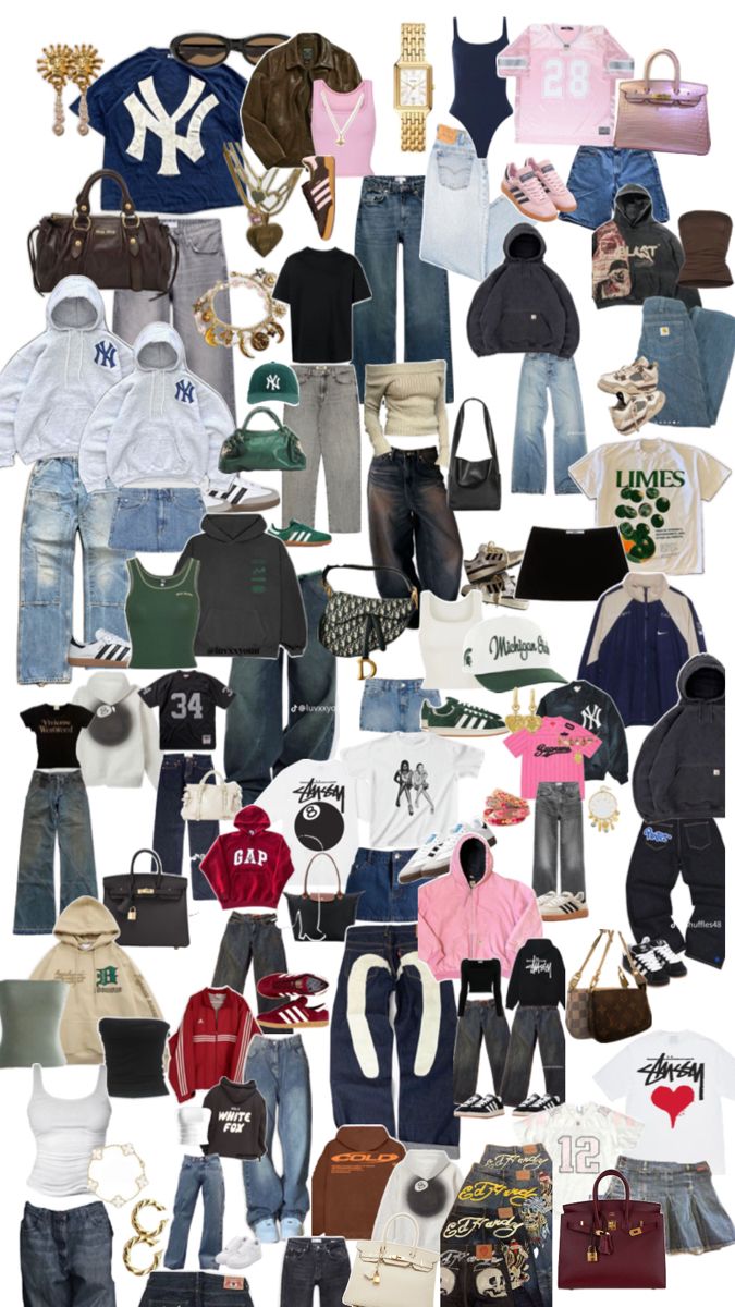 a collage of clothes and handbags is shown in the shape of a heart