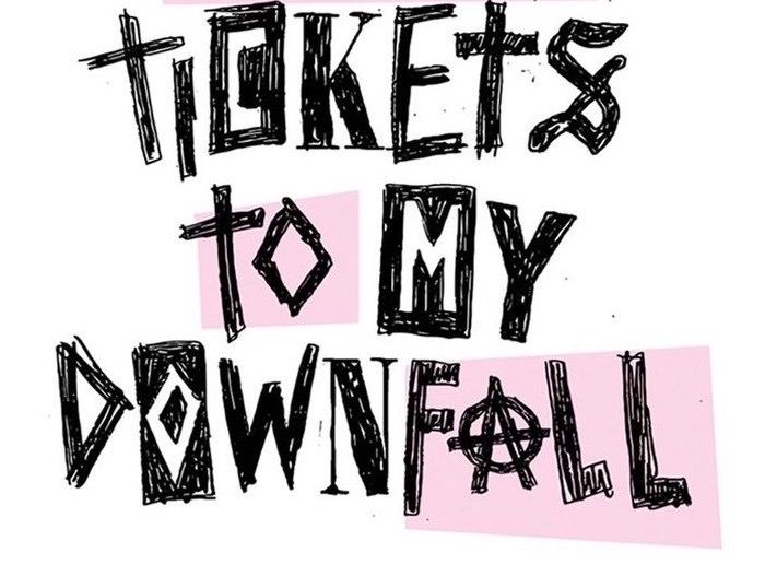 the words tickets to my downfall are drawn in black and pink