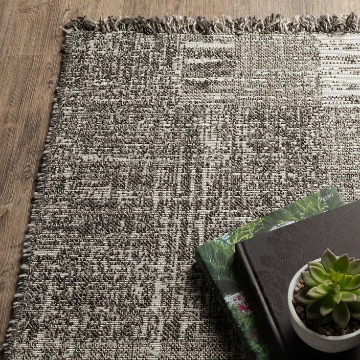 a book on top of a rug next to a potted plant