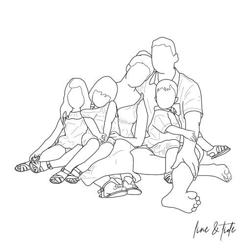 a black and white drawing of three people sitting on the ground with their feet up