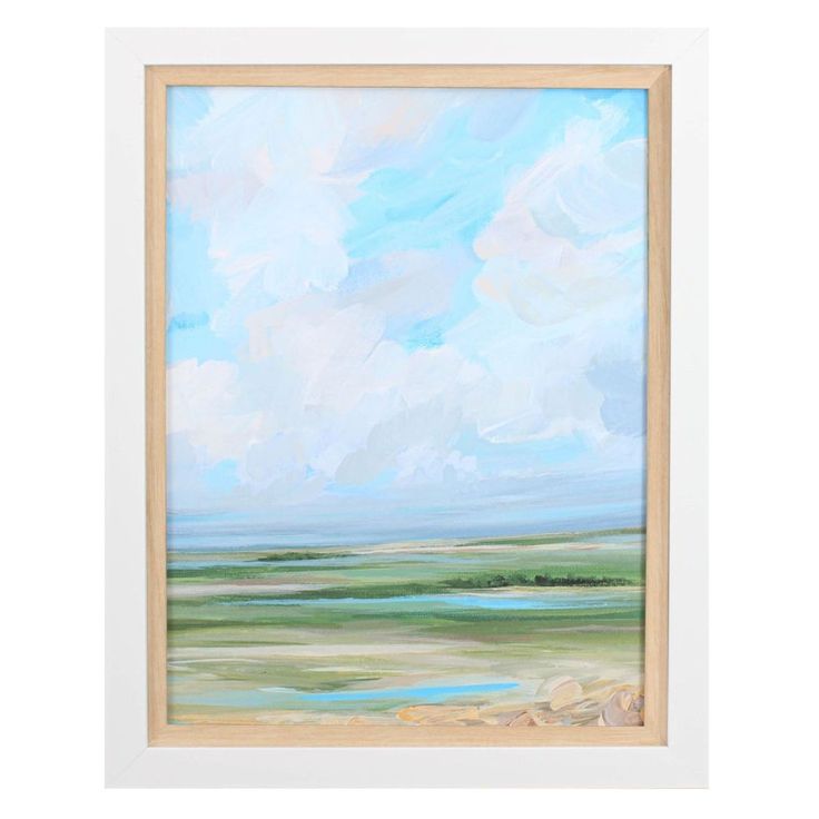 an abstract painting with blue sky and green land in the background, framed on white paper