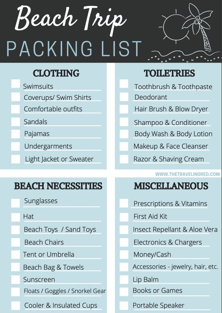 the beach trip packing list is shown in black and white, with blue lettering on it