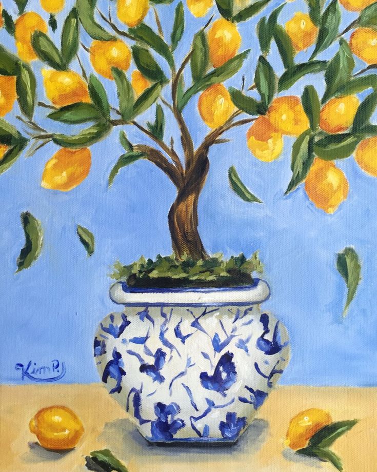 a painting of an orange tree in a blue and white vase