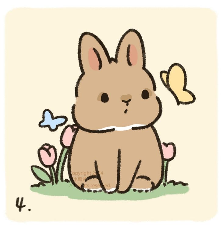 a drawing of a rabbit sitting in the grass with flowers and a butterfly flying over it