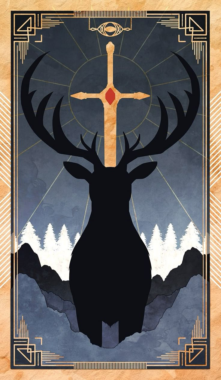 a deer with a cross on it's antlers in front of mountains and trees