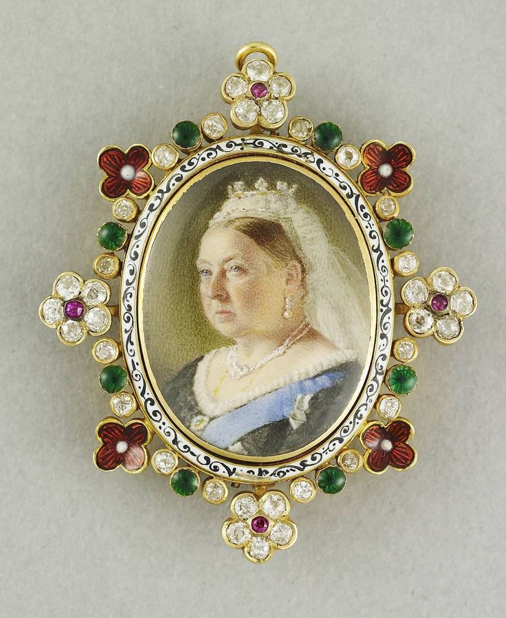 an antique portrait of a woman wearing a tiara and surrounded by multicolored jewels