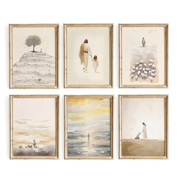 four framed paintings depicting people and animals on the beach, each with their own child's artwork