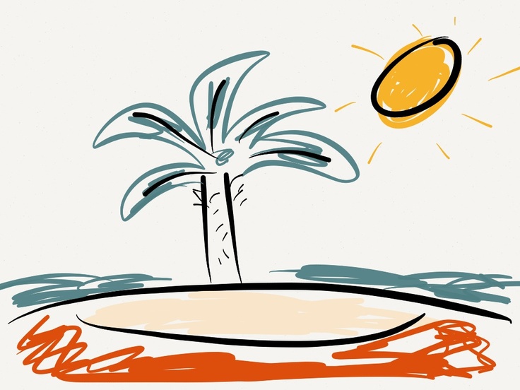 a drawing of a palm tree and an orange frisbee