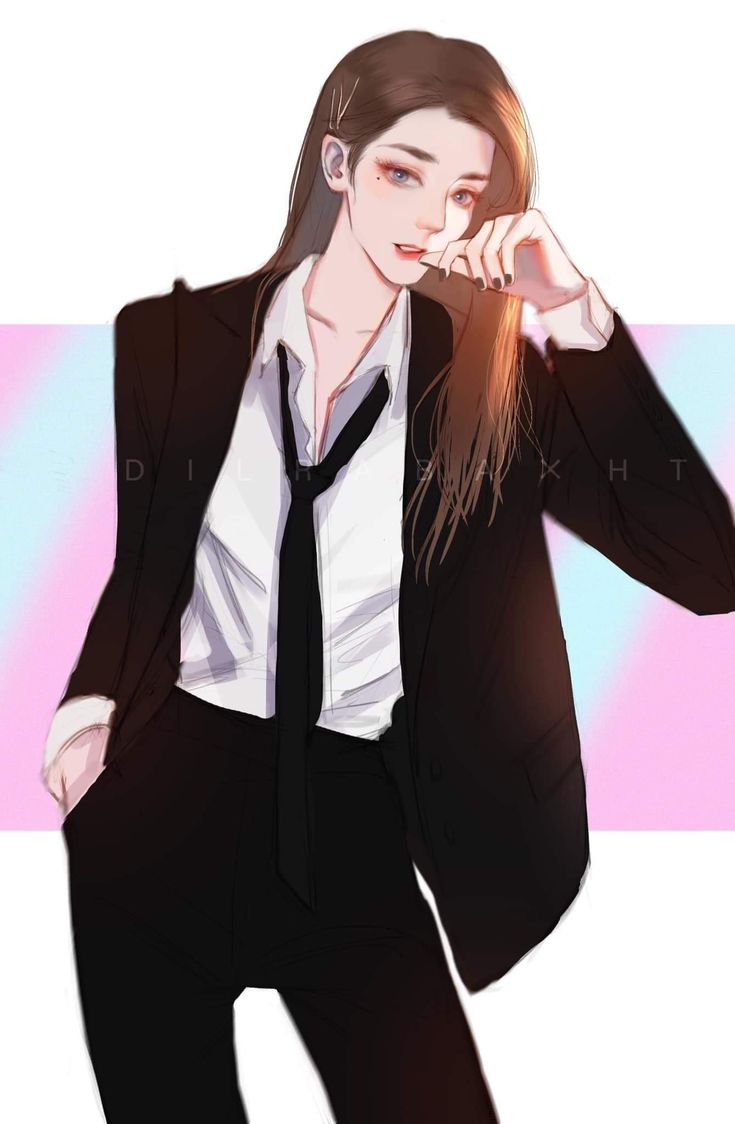 a drawing of a woman in a suit and tie with her hand on her chin