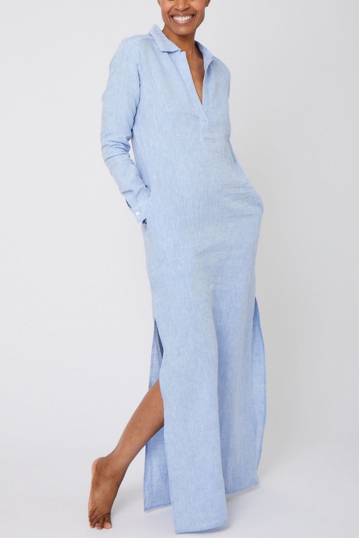 Pour Les Femmes Long Linen Shirt Dress in Light Blue Our versatile linen brings comfort and breathability with its natural thermal regulating properties. Designed to lounge in year-round.Featuring long sleeves with a button cuff, hidden side pockets, self-belt and pullover access with a placket front. Handcrafted with Blue Linen Outfit, Linen Button Down Dress, Long Linen Shirt, Blue Linen Shirt, Flamboyant Natural, Linen Clothing, Light Blue Dresses, Linen Shirt Dress, Silk Tunic